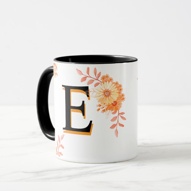 Floral Monogram Mug – Elegant Letter E Coffee Cup (Front Left)
