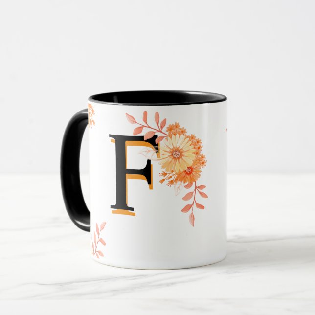 Floral Monogram Mug – Elegant Letter F Coffee Cup (Front Left)