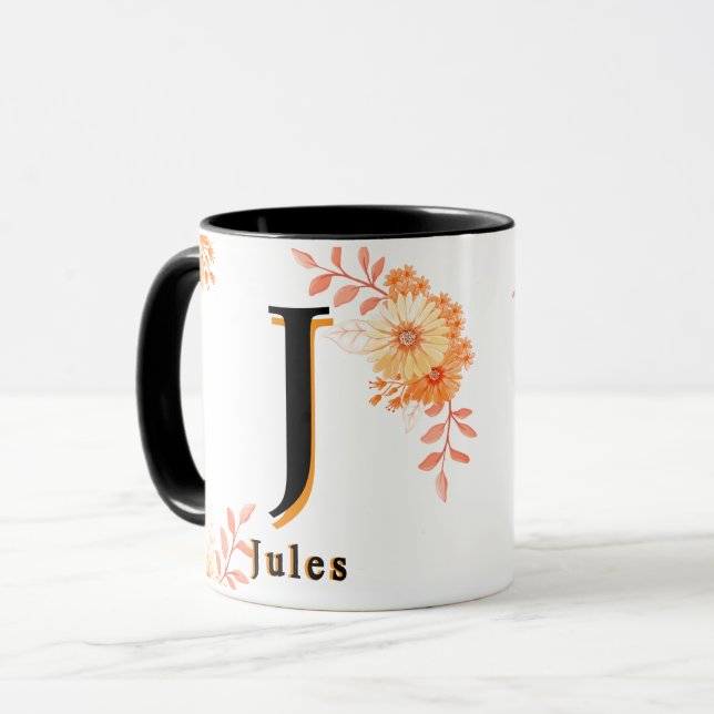 Floral Monogram Mug – Elegant Letter J Coffee Cup (Front Left)