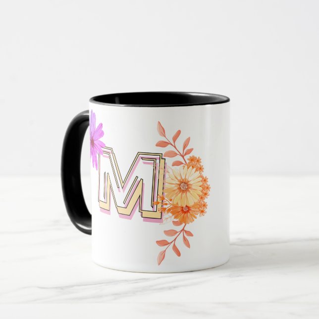 Floral Monogram Mug – Elegant Letter m Coffee Cup (Front Left)