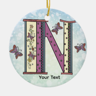 floral Monogram N Ceramic Ornament