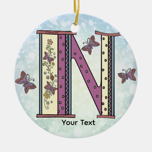 floral Monogram N  Ceramic Ornament