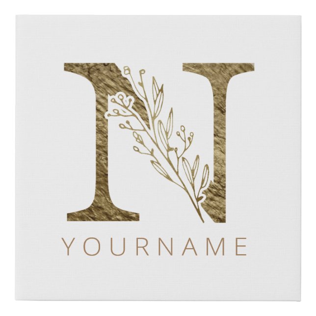 Floral Monogram N Elegant Gold Foliage Faux Canvas Print (Front)