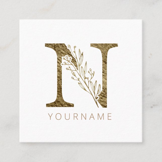 Floral Monogram N Elegant Gold Foliage Square Business Card (Front)
