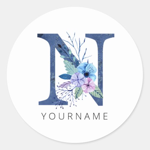 Floral Monogram N Winter Blue Blossoms Classic Round Sticker