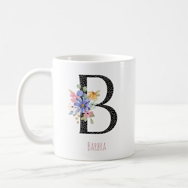 Floral Monogram Name B Black Polka Dot  Coffee Mug (Left)