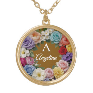 Floral Monogram Name Gold Necklace