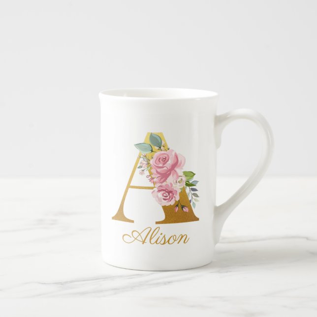 Floral Monogram Name Initial Botanical Custom Bone China Mug (Right)