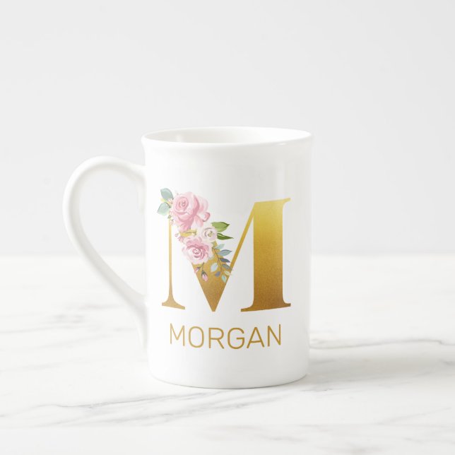 Floral Monogram Name Initial Botanical Personalize Bone China Mug (Left)
