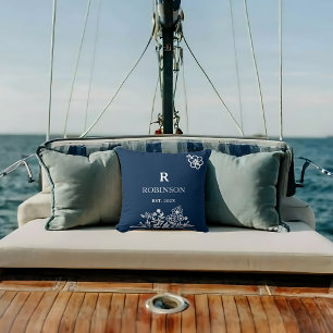 Floral Monogram Navy And White Custom Initial  Throw Pillow