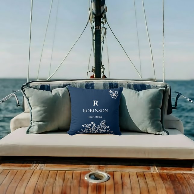 Floral Monogram Navy And White Custom Initial  Throw Pillow (Floral Monogram Navy And White Custom Initial Throw Pillow)