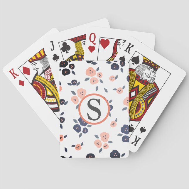 Floral Monogram Navy Blue Farmhouse Pattern Poker Cards (Back)