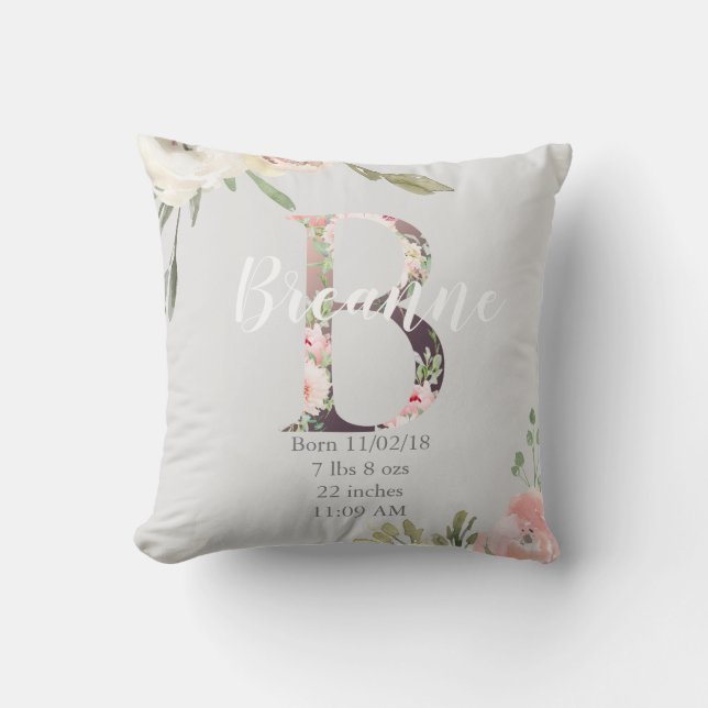 Floral Monogram Nursery Pillow | Letter B (Front)