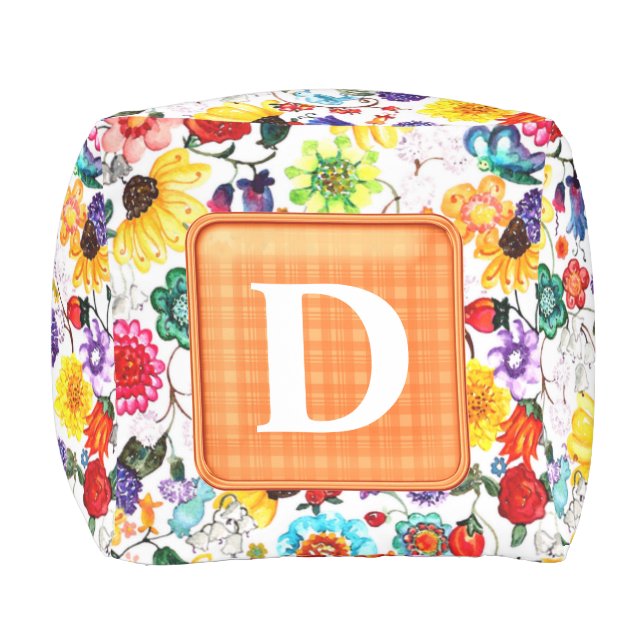 Floral Monogram Outdoor Pouf (Front)