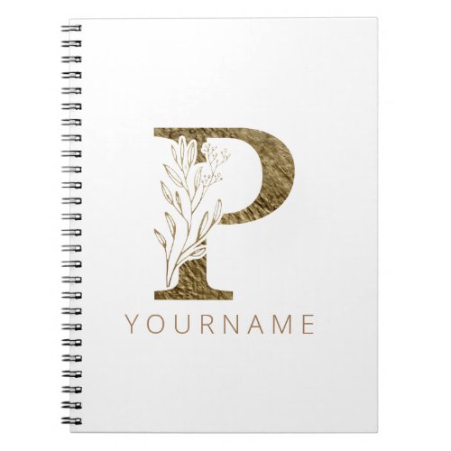 Floral Monogram P Elegant Gold Foliage Notebook
