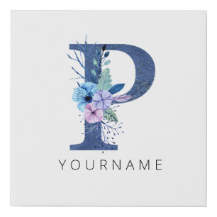Floral Monogram P Winter Blue Blossoms Faux Canvas Print