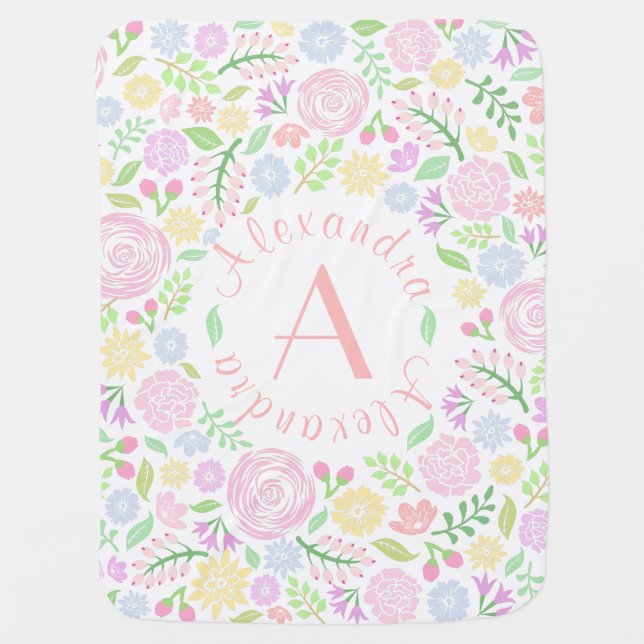 Floral Monogram Pastel Baby Girl Baby Blanket (Front)