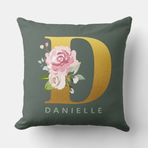 Floral Monogram Personalized Faux Gold Letter D Throw Pillow