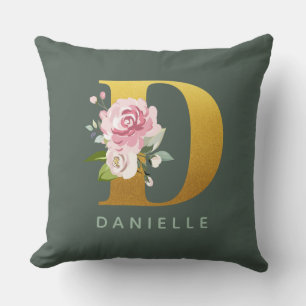 Floral Monogram Personalized Faux Gold Letter D Throw Pillow
