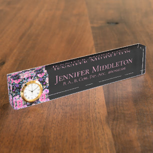 Floral Monogram Personalized Pink Black Desk Name Plate