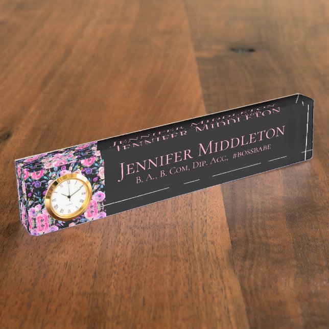 Floral Monogram Personalized Pink Black  Desk Name Plate (Side)