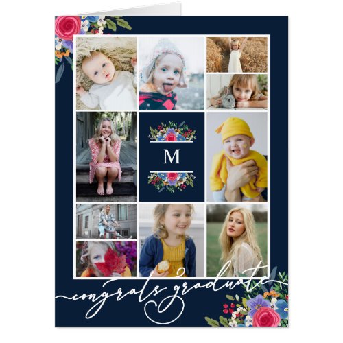 Floral Monogram Photo Collage Congrats Grad Big Ca Card