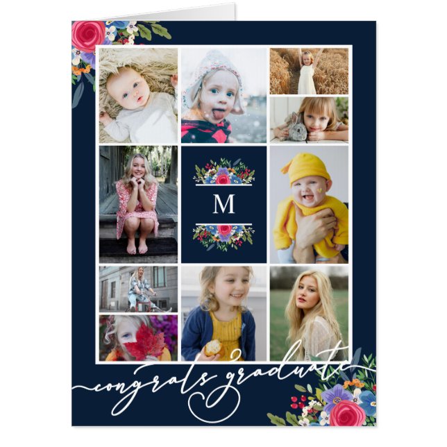 Floral Monogram Photo Collage Congrats Grad Big Ca Card (Front)
