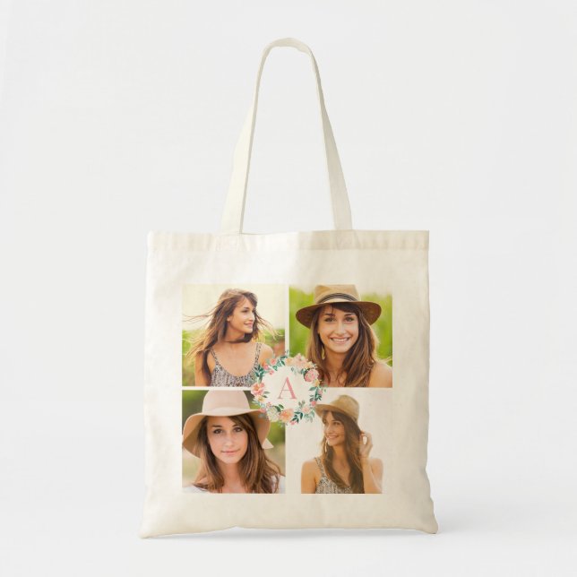 Floral Monogram Photo Collage Custom Tote Bag (Front)