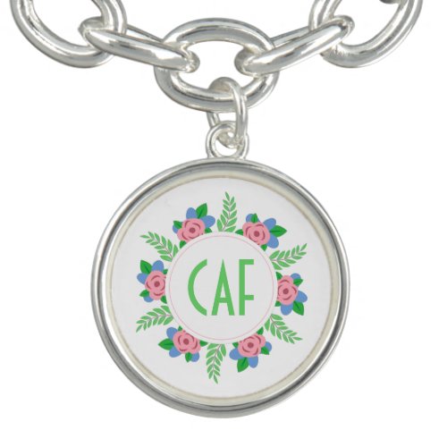 Floral Monogram Pink and Green Charm Bracelet