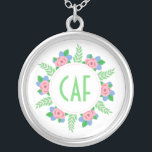 Floral Monogram Pink and Green Silver Plated Necklace<br><div class="desc">Pink and Green Floral monogram wreath,  personalized with three initials or your name. Silver Plated Necklace</div>