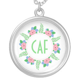 Floral Monogram Pink and Green Silver Plated Necklace