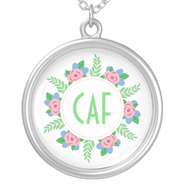 Floral Monogram Pink and Green Silver Plated Necklace (Front)