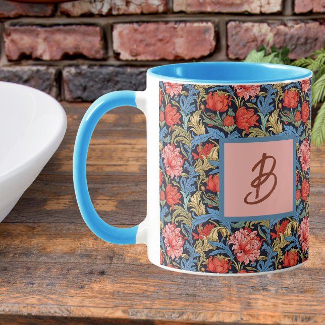 Floral Monogram Pink Blue William Morris Style Mug (Creator Uploaded)