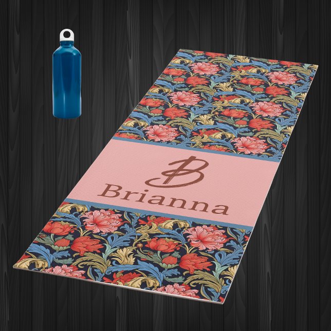 Floral Monogram Pink Blue William Morris Style Yoga Mat (Creator Uploaded)