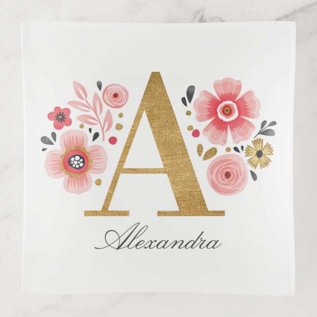Floral Monogram Pink Gold Letter A Trinket Tray (Front)