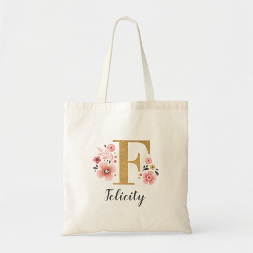 Floral Monogram Pink Gold Letter F Tote Bag