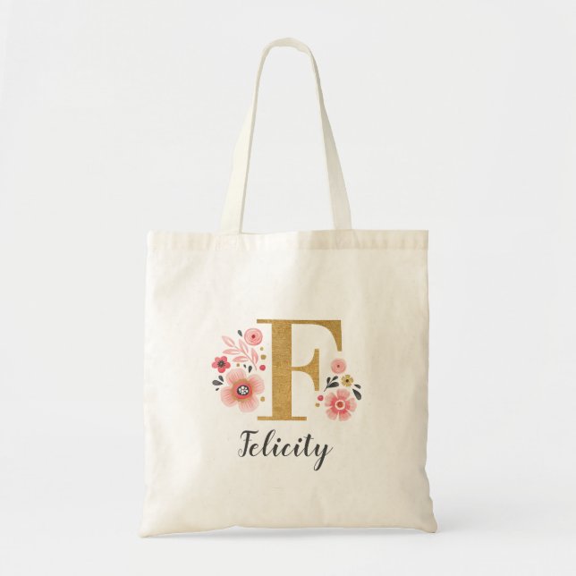 Floral Monogram Pink Gold Letter "F" Tote Bag (Front)