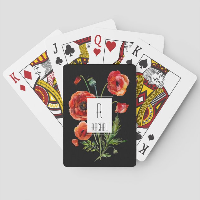 Floral Monogram Playing Cards Red Poppy Flowers (Back)