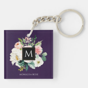 floral monogram purple color keychain