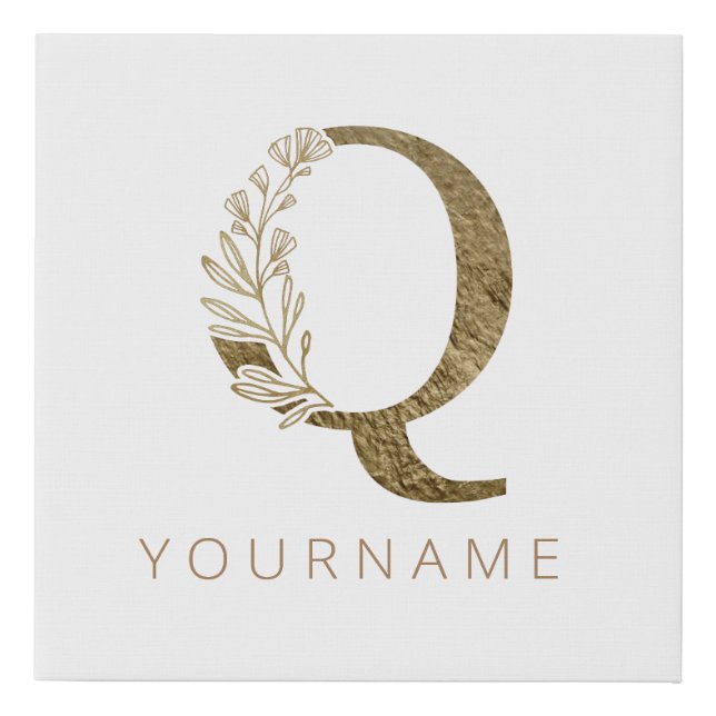 Floral Monogram Q Elegant Gold Foliage Faux Canvas Print (Front)