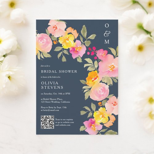 Floral monogram Qr code photo blue bridal shower Invitation