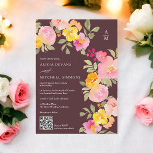 Floral monogram Qr code photo brown wedding Invitation