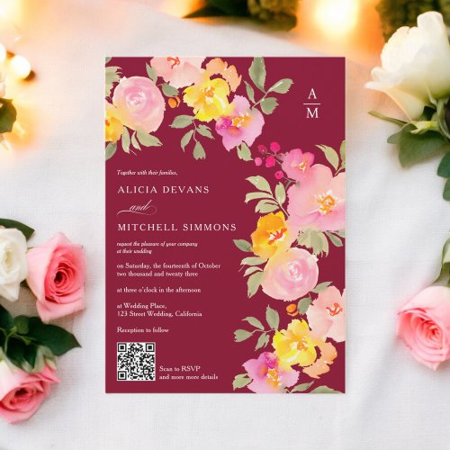 Floral monogram Qr code photo burgundy wedding Invitation