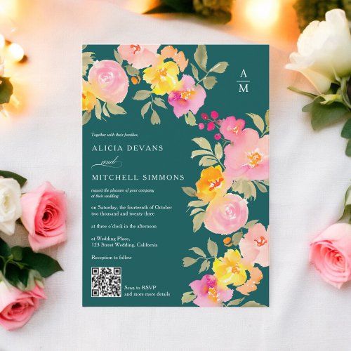 Floral monogram Qr code photo deep teal wedding Invitation