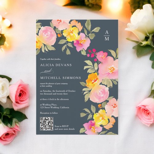 Floral monogram Qr code photo gray wedding Invitation