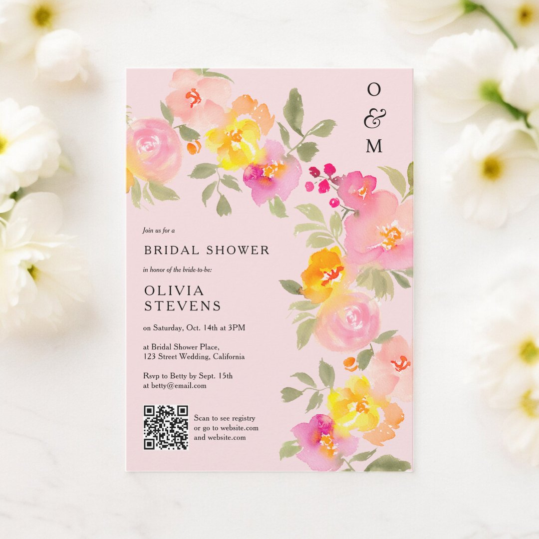 Floral monogram Qr code photo pink bridal shower                    Invitation