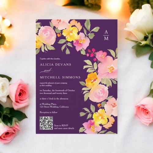 Floral monogram Qr code photo purple wedding Invitation