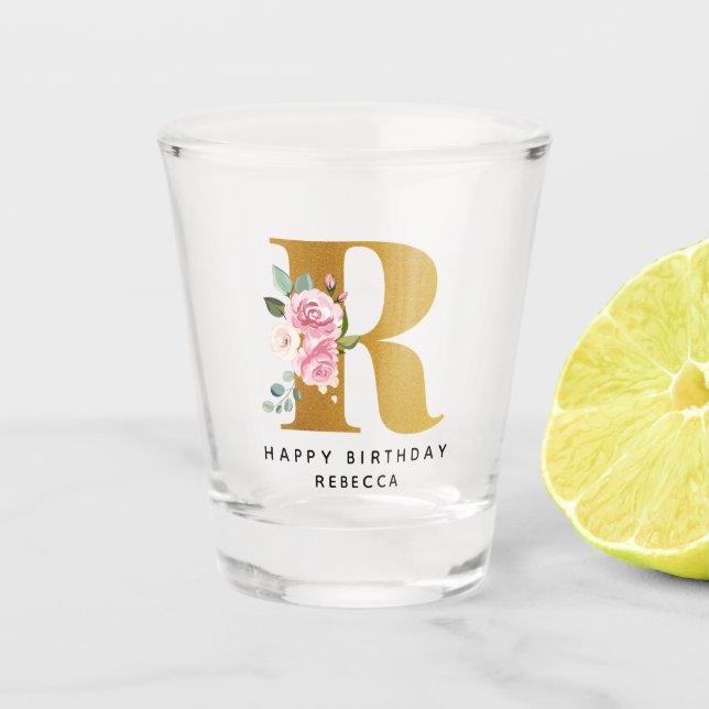 Floral Monogram R Birthday Personalized Name Shot Glass (Front)