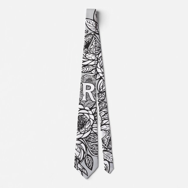 Floral Monogram "R" Black and White Tattoo Flowers Neck Tie (Front)