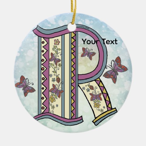 floral Monogram R  Ceramic Ornament